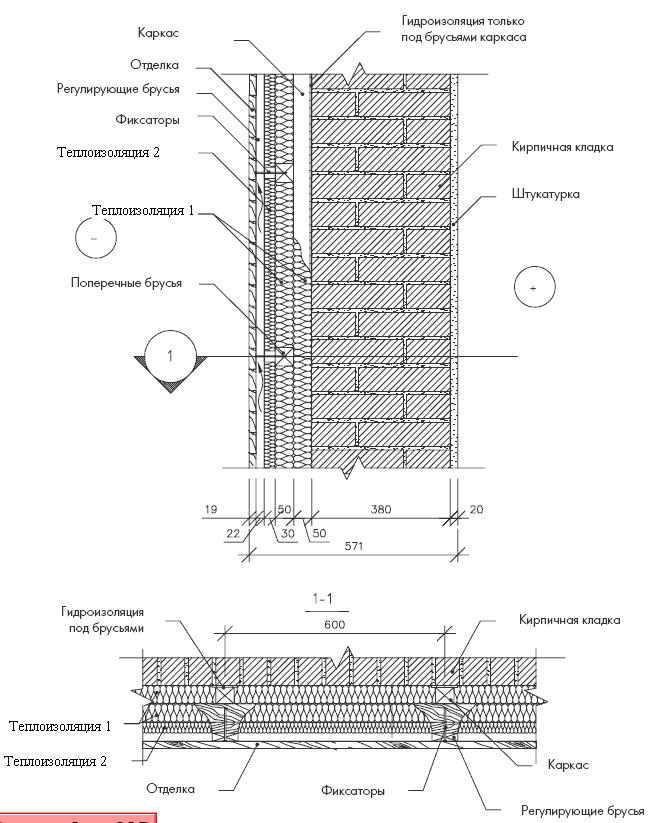 Вариант 2 утепления кирпичной стены с использованием деревянного каркаса перекрестной укладкой изоляции и использовании ветрозащитных плит из базальтового волокна.